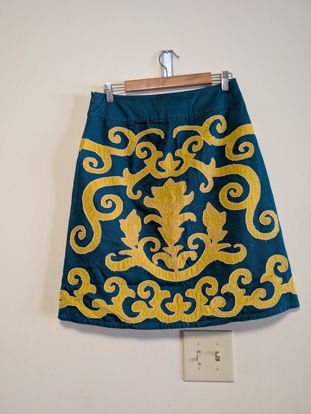 Boden Teal Mustard Appliqué A-Line Skirt Women’s 12 Statement Boho